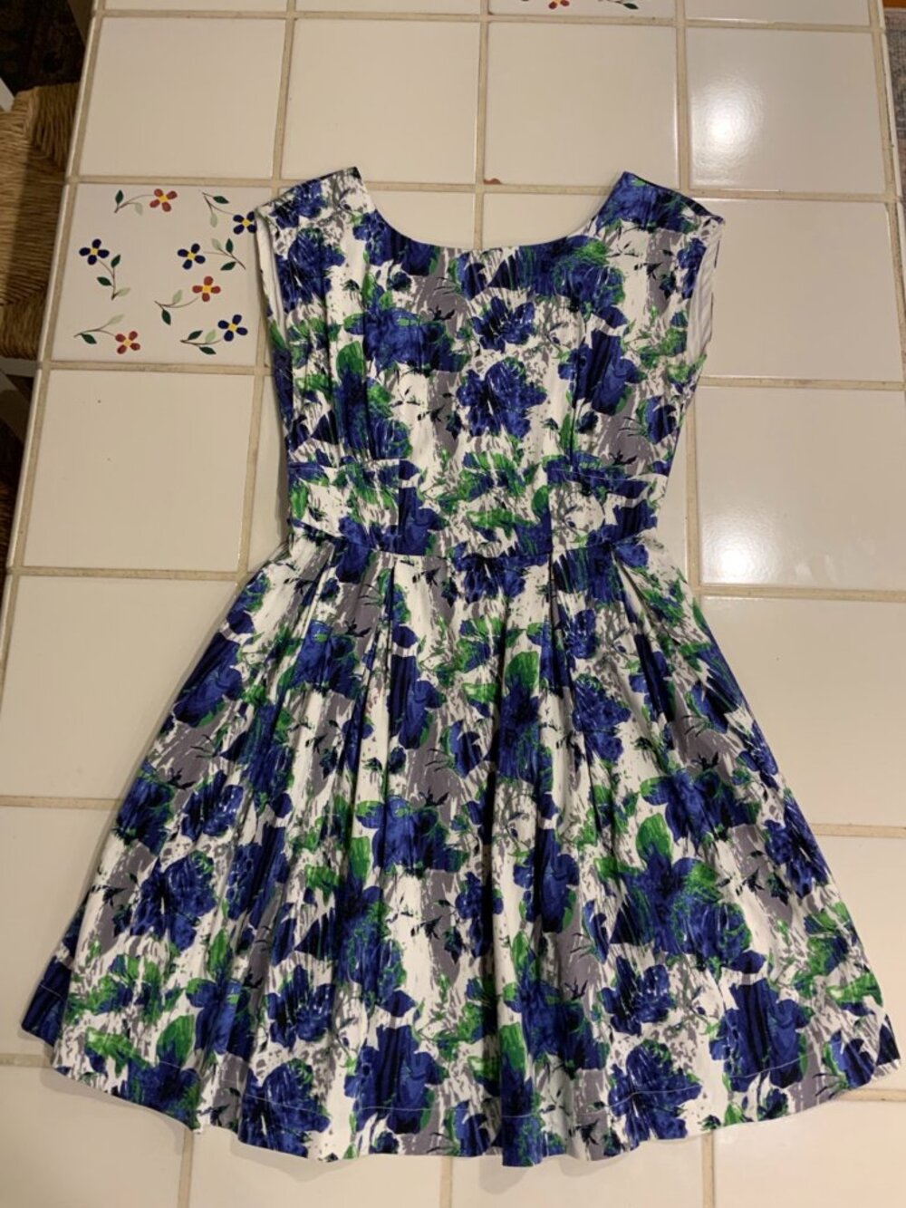 Louche Blue Green Floral Fit & Flare Dress Size S (10) Vintage-Inspired